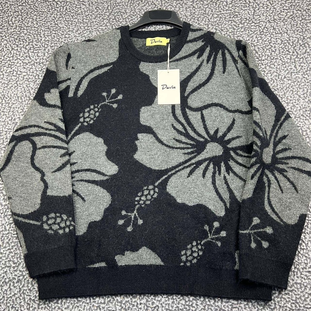 Duvin Design Co Sweater Men 2XL Black Gray Hibiscus Knit Floral Crewneck New